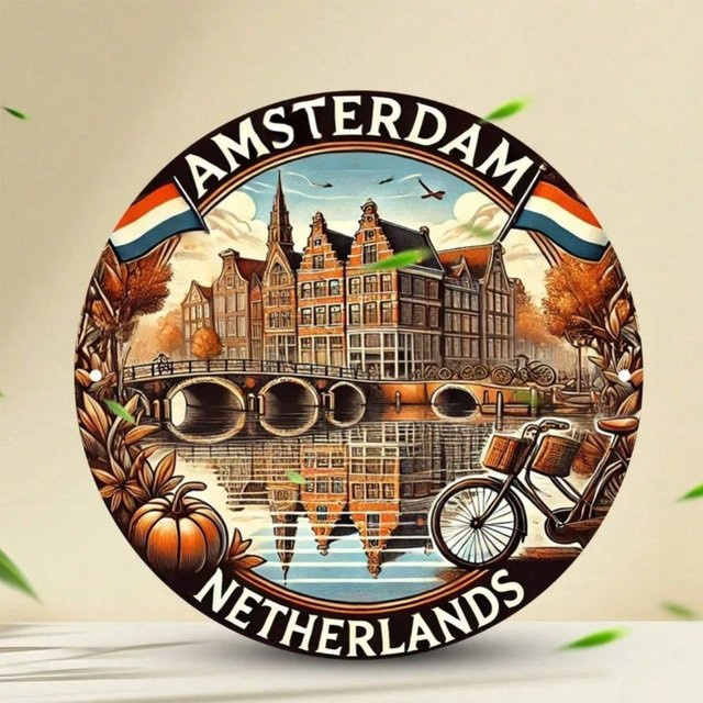 Vintage Amsterdam Rundes Blechschild CIFBUY Multicolour Metall Wanddeko Durchmesser: 20,32 cm - Bild 1
