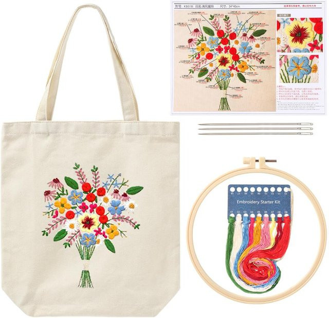 Genenic Stickset mit Blumenmuster und Canvas-Tragetasche für DIY-Näharbeiten und Bastelprojekte für Anfänger - Bild 1
