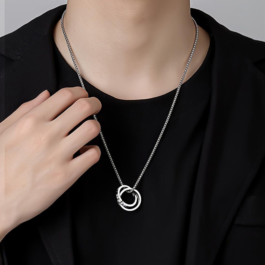 Halskette mit Doppelring Anhänger, Edelstahl, Silber, Herren - Bild 3