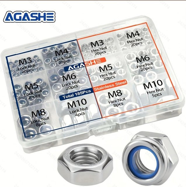 AGASHE 185-teiliges metrisches Sechskantmuttern- und Sicherungsmuttern-Set M3-M10 mit Nyloneinsatz - Bild 1