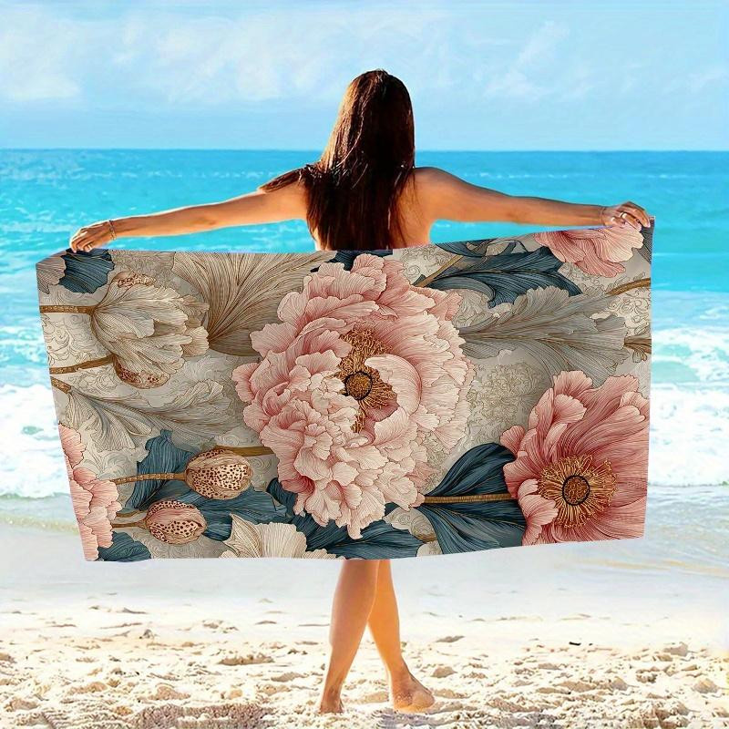 Extra großes Bade- und Strandtuch aus Mikrofaser mit floralem Pfingstrosen-Design in Rosa, Beige, Weiß und Grün, Breite: 40 cm, Höhe: 60 cm - Bild 5