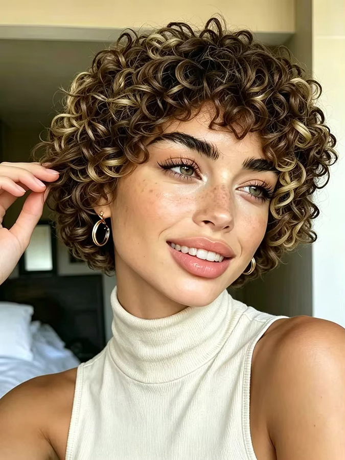 OYM HAIR Pixie-Schnitt-Perücke, 100 % Echthaar, Damen, Rosenmuster - Bild 5