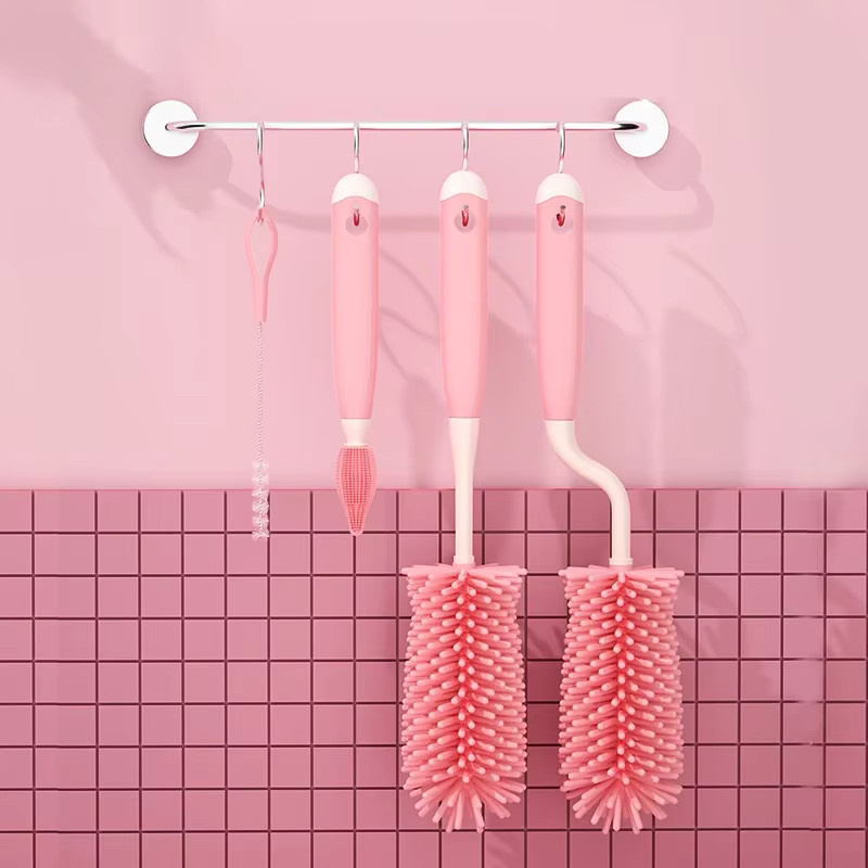 3er Set Silikon Flaschenbürsten und Schnullerbürsten mit drehbarem Griff in Pink zur Reinigung von Babyflaschen - Bild 2