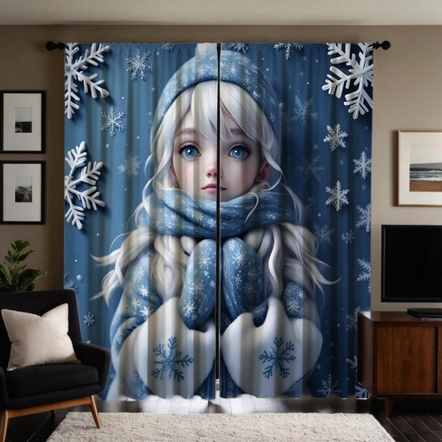 2er-Set Frozen Dekovorhang Blau mit digitalem Print für Kinderzimmer und Wohnzimmer, B: 132 cm, H: 160 cm - Bild 1