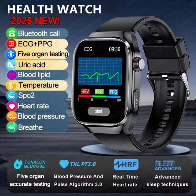 QLY Online Smartwatch für Herren mit Mikro-Körperuntersuchung, Bluetooth Anruf und Gesundheitsfunktionen in Schwarz - Bild 1
