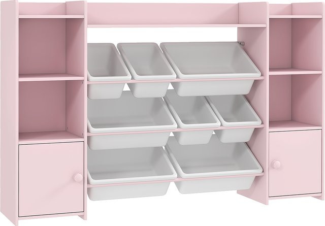 AIYAPLAY Kinderregal als Spielzeugregal und Bücherregal mit 8 herausnehmbaren Aufbewahrungsboxen, 4 offenen Fächern und 2 Schrankfächern in Rosa, B/T/H: 140 x 30 x 90 cm - Bild 1