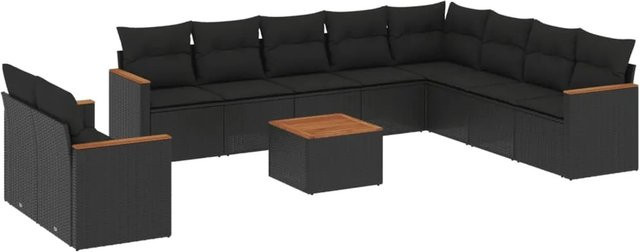 vidaXL 11-tlg Garten-Sofagarnitur in L-Form aus schwarzem PE-Rattan mit Kissen und Akazienholz - Bild 1
