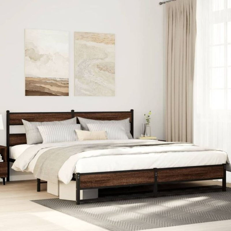 Metallbett Vidaxl in Braun mit Eichen-Optik aus Metall und Holzwerkstoff, B/T/H: 200 x 200 x 206 cm - Bild 1