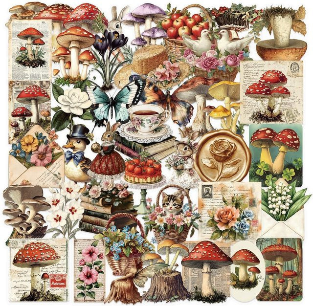 50 Stück Vintage Pilz Aufkleber von YourLife Store, wasserfeste transparente PET Sticker für Scrapbooking und Dekoration, Mehrfarbig - Bild 1