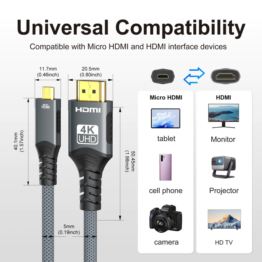 FDBRO Micro HDMI auf HDMI Adapter Kabel, 4K @ 60 Hz, 18 Gbit/s, bidirektionaler Konverter, Schwarz - Bild 2