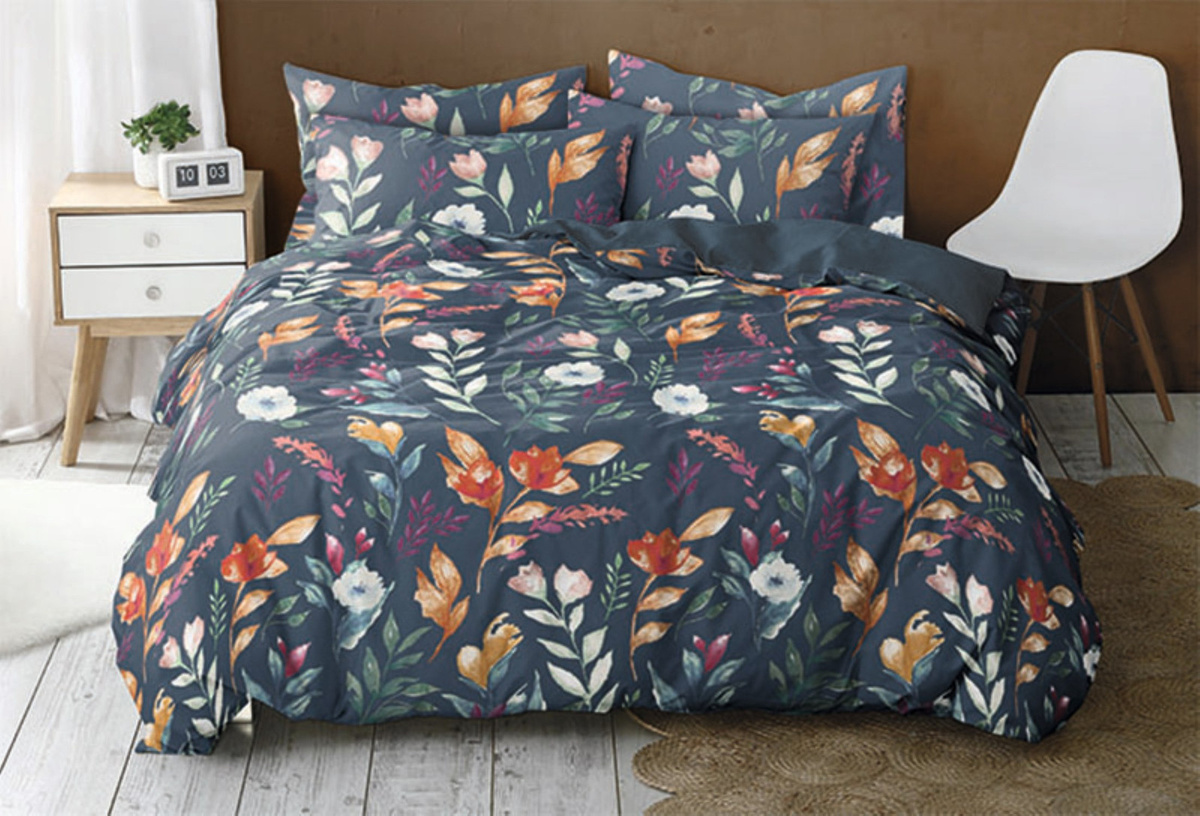 Sympathica Mako-Satin Bettwäsche Anisa Teal Dunkelblau Blumen Wende Design, B/H: 135 x 200 cm mit Kissenbezug 80 x 80 cm - Bild 1
