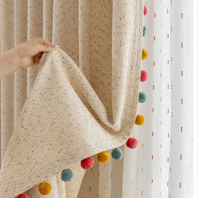 AiFish Halbverdunkelungsvorhänge im Boho-Stil mit Bommelbesatz, beige, Kindervorhänge für das Mädchenzimmer - Bild 1