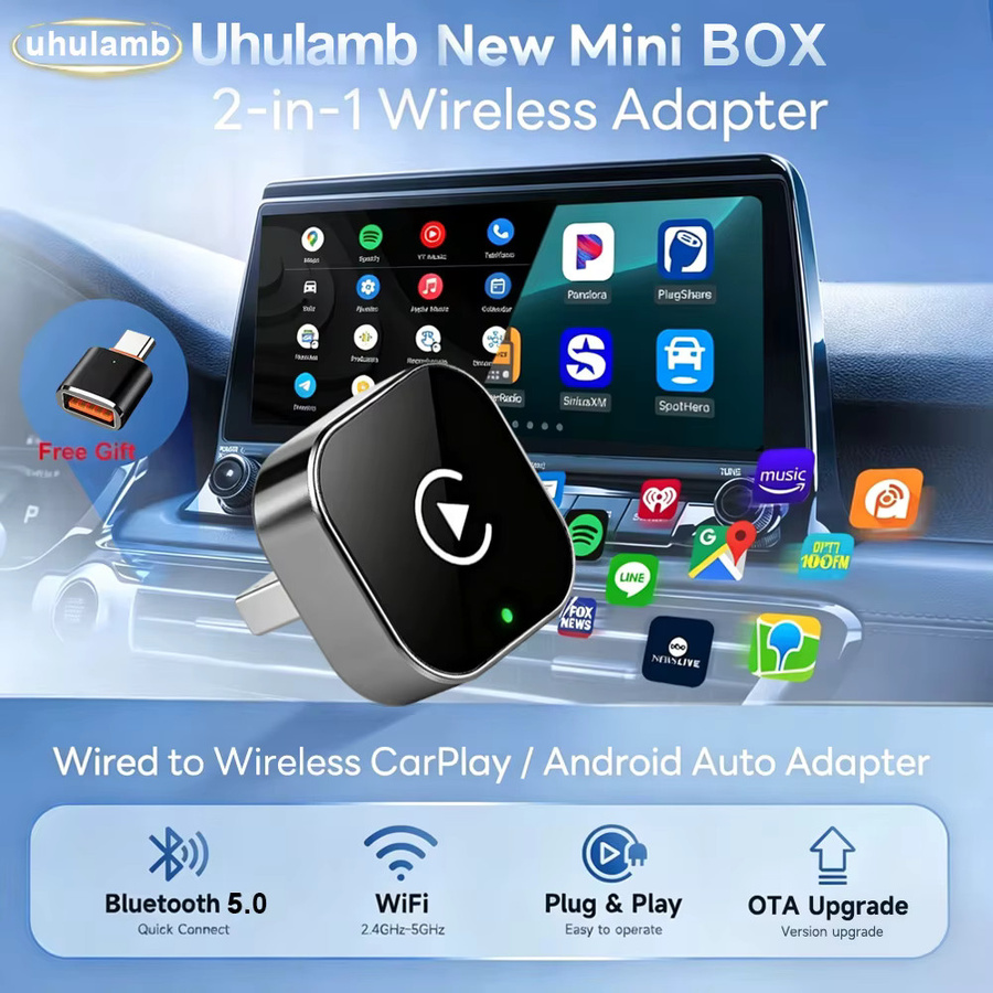 uhulamb 2-in-1 CarPlay und Android Auto Adapter, USB-C Konverter von kabelgebunden zu kabellos, Schwarz - Bild 4