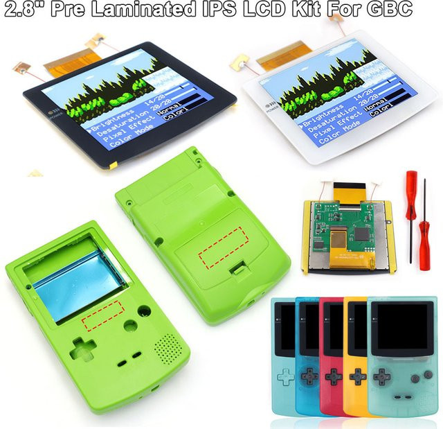 Laminierter 2,8-Zoll IPS-LCD-Bildschirm mit Hintergrundbeleuchtung und Desaturation FRM für Gameboy Color GBC in Schwarz inklusive Gehäuse ohne Löten - Bild 1
