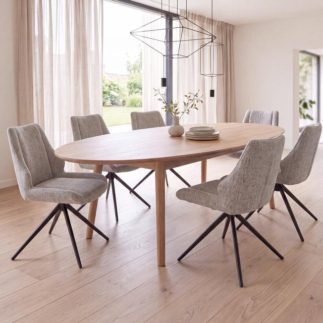 6er-Set Esszimmerstühle MCW-O48 drehbar mit Auto-Return aus Chenille Textil in Creme - Bild 1