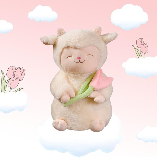 Weiße Lamm-Plüschpuppe mit Tulpenblume, Stofftier, 25cm, ab 14 Jahre - Bild 1
