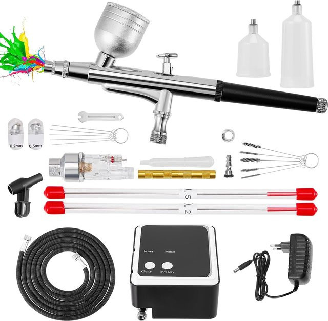 Hochdruck-Airbrush-Set mit 36 PSI Luftkompressor und Dual-Action-Airbrush-Kit inklusive 0,2 mm, 0,3 mm und 0,5 mm Düsen in Gold und Silber - Bild 1