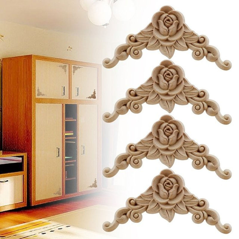 4 Stück florale Eck-Applikationen aus Holz und Kunstharz in Beige für Möbel und Rahmen - Bild 1