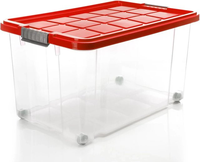 BigDean 2er-Set Aufbewahrungsboxen mit Deckel und Rollen, Rot/Transparent, 60 l, stapelbar - Bild 1