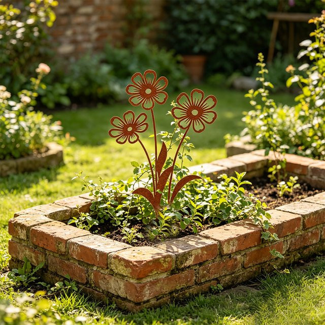 Schmiedeeiserner Gartendekorationsspieß in Braun mit floralem Design für Garten und Blumenbeete - Bild 1