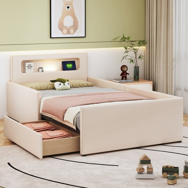 Rosahqnda Polsterbett für Kinder in Beige mit Stauraumschublade und Absturzsicherung, B/T/H: 90 x 200 cm - Bild 1