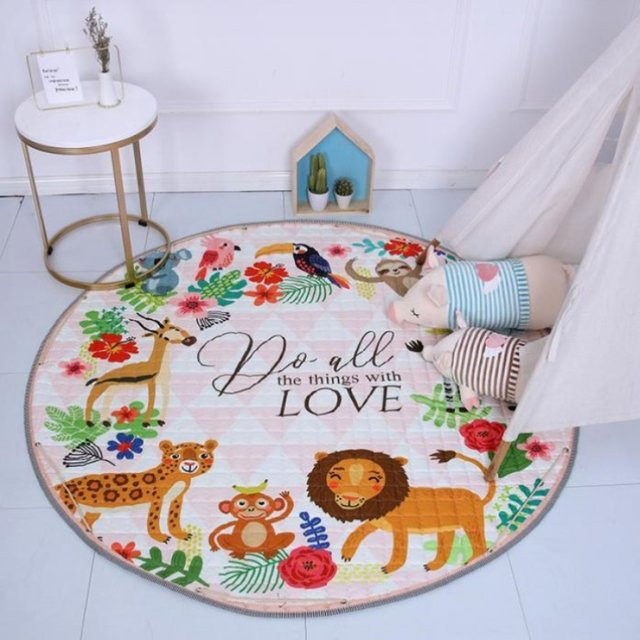 Runder Kinderzimmer Teppich im skandinavischen Design mit Fuchs, Kaninchen und Bär, Mehrfarbig, Durchmesser: 150 cm - Bild 1