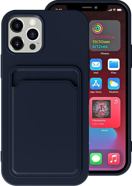 Stoßfestes iPhone Brieftaschen-Cover mit Push-Kartensteckplatz aus mattem TPU in Dunkelblau - Bild 1