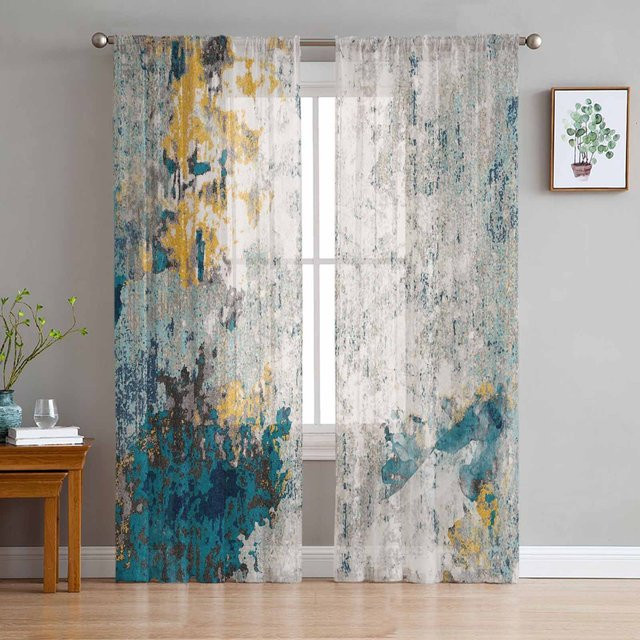 Transparente Vorhänge mit abstrakter Vintage-Textur aus Organza und Tüll in Grau, Breite: 135 cm, Höhe: 115 cm - Bild 1