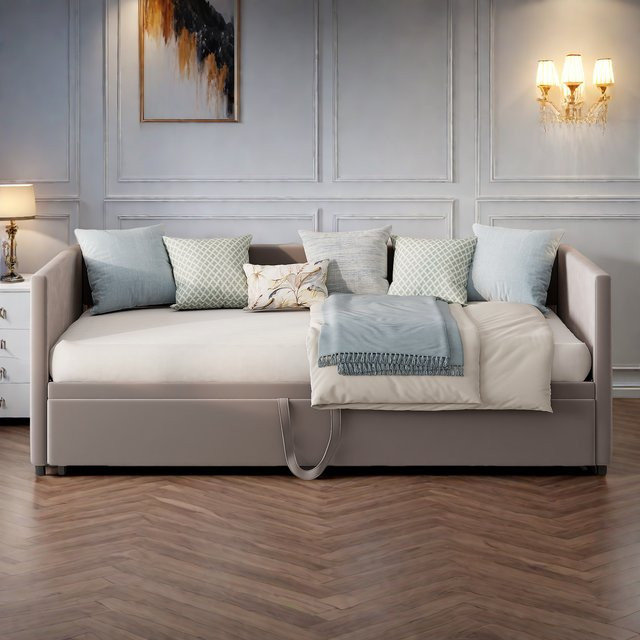 Rosahqnda 2-in-1 Polsterbett mit Lattenrost und Polstersofa aus Samtstoff in Beige, B/T/H: 140 x 200 cm - Bild 1