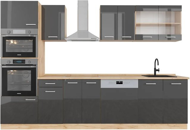 Vicco R-Line Küchenzeile Anthrazit Hochglanz und Goldkraft Eiche mit Hochschrank, Breite: 300 cm - Bild 1