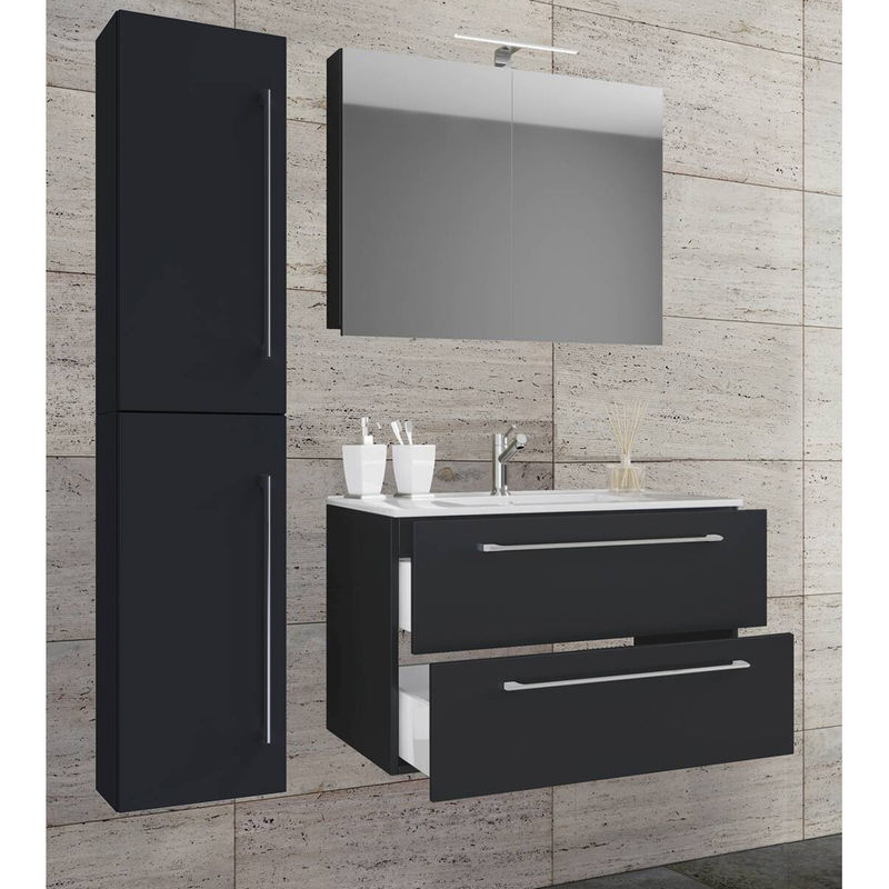 VCM Badinos 4-tlg. Badezimmer-Set in Schwarz mit Keramik-Waschtisch, Spiegelschrank und Hochschrank, B/H/T: 81 x 151 x 46 cm - Bild 3