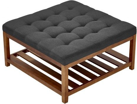 VEVOR quadratischer Couchtisch mit Massivholz-Ablagefläche und gepolsterter Leinen-Ottomane, Dunkelgrau, B/T/H: 87,5 x 87,5 x 44,5 cm - Bild 1