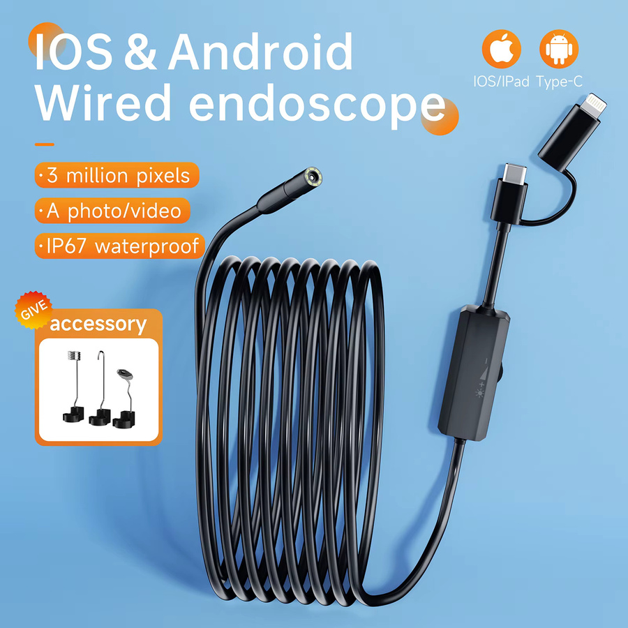 AOERWEI Endoskopkamera mit 8-mm-Linse und LED-Licht, IP67 wasserdicht, USB-C Anschluss für Android und iOS, Schwarz - Bild 2