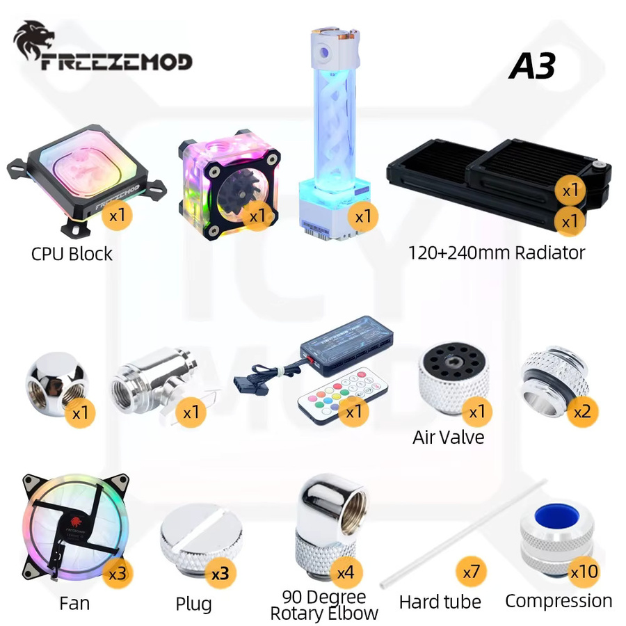 Freezemod Hartrohr-Wasserkühlungsset mit Kupferkühler, CPU-Kühler, PETG-Rohr, AIO-Reservoir und ARGB in Silber und Multicolour - Bild 2