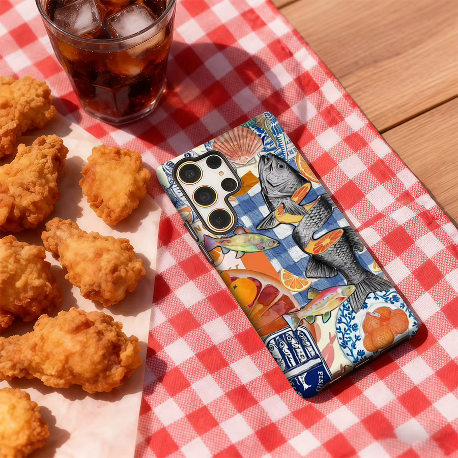 Stoßfeste doppellagige Handyhülle mit Fisch- und Orange-Collage für Samsung Galaxy S25 Ultra, S24 und S23 Ultra Plus in Multicolor - Bild 4