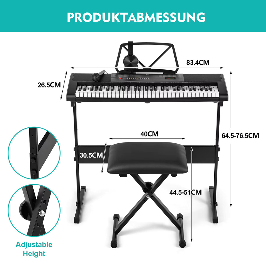 MUSTAR Digitales Klavier Keyboard mit 61 Tasten und Leuchttasten in Schwarz für Anfänger mit intelligenter Lernfunktion - Bild 2