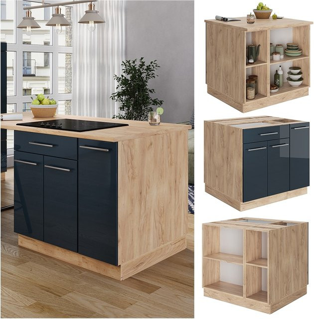 Vicco Kücheninsel Fame-Line in Eiche und Dunkelblau Hochglanz mit offenen Regalfächern und Soft-Close-Scharnieren, Breite: 90 cm - Bild 1