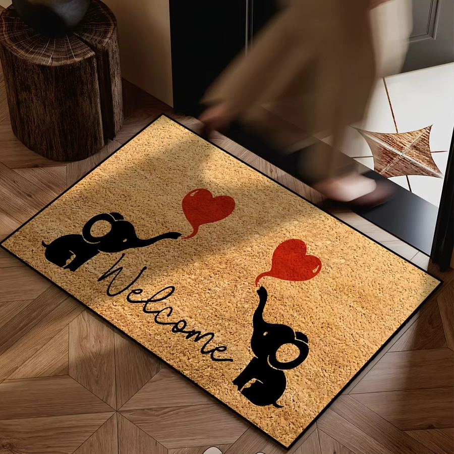 VIKAMA Elefanten Willkommens-Fußmatte in Herzform, rutschfester Coir-Teppich für Innen und Außen, Braun, B/T: 60 x 40 cm - Bild 4