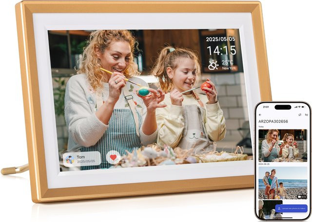 ARZOPA Digitaler Fotorahmen 10,1 Zoll mit WiFi und Touchscreen, 32 GB Speicher, IPS HD Display, Gold - Bild 1