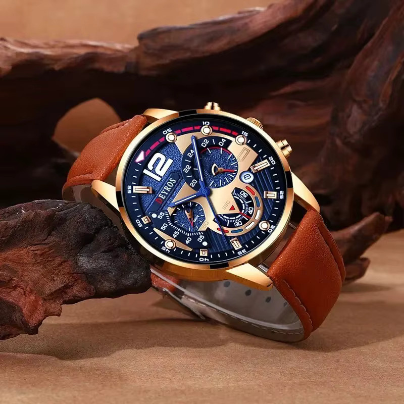 DEYROS Armbanduhr, Quarz, Leder, Blau, Gold, Herren - Bild 3