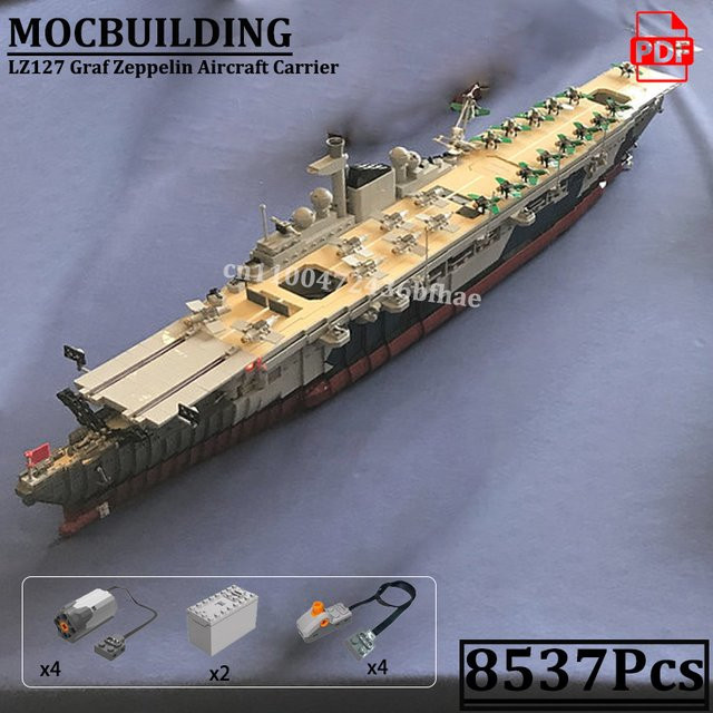 MOCBUILDING Graf Zeppelin Flugzeugträger Modell aus Bauklötzen, Graues WW2 Militär Schlachtschiff Spielzeug für Kreative - Bild 1
