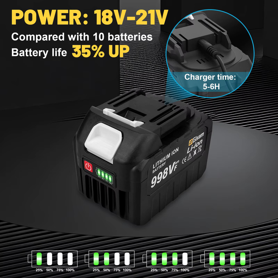 Gisam Wiederaufladbare Lithium-Ionen-Batterie 18V mit Kapazitätsanzeige für Makita Elektrowerkzeuge, Schwarz - Bild 1