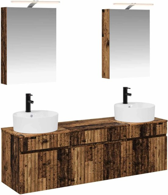 vidaXL Badezimmerschrank-Set 5-teilig in Altholz-Optik Braun mit LED-Beleuchtung, B/T/H: 50 x 14,5 x 70 cm - Bild 1