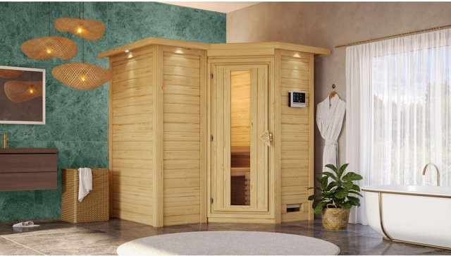 Karibu Massivholzsauna Steena 1 aus Fichte in Braun mit 9 kW Ofen, integrierter Steuerung, Dachkranz und Energiespartür, B/T/H: 193 x 198 x 212 cm - Bild 2