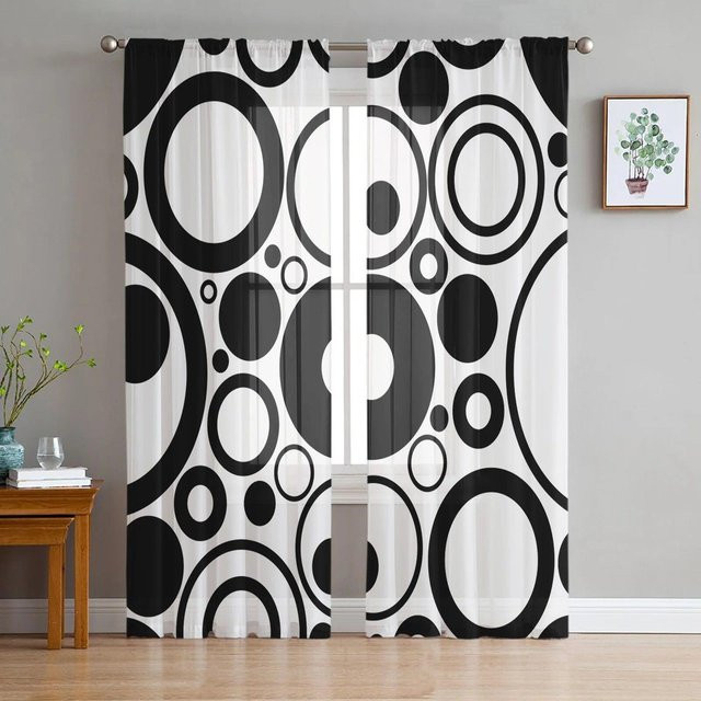 Transparenter Tüllvorhang mit abstraktem Kreis- und Geometrie-Design von A Family Of Home Textiles in Schwarz, Grau und Weiß, B: 135 cm, H: 114 cm - Bild 1