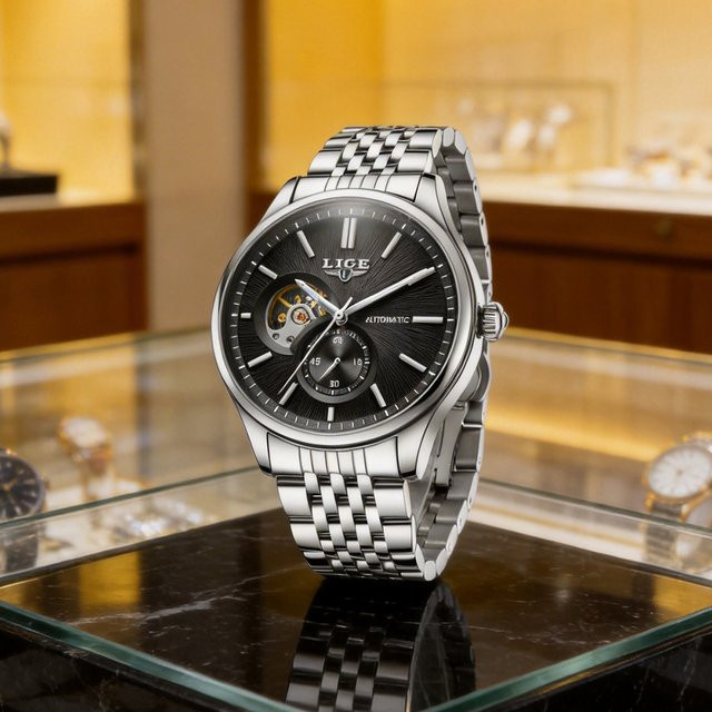 LIGE Armbanduhr Automatik, Edelstahl, blaues Zifferblatt, Herren - Bild 1