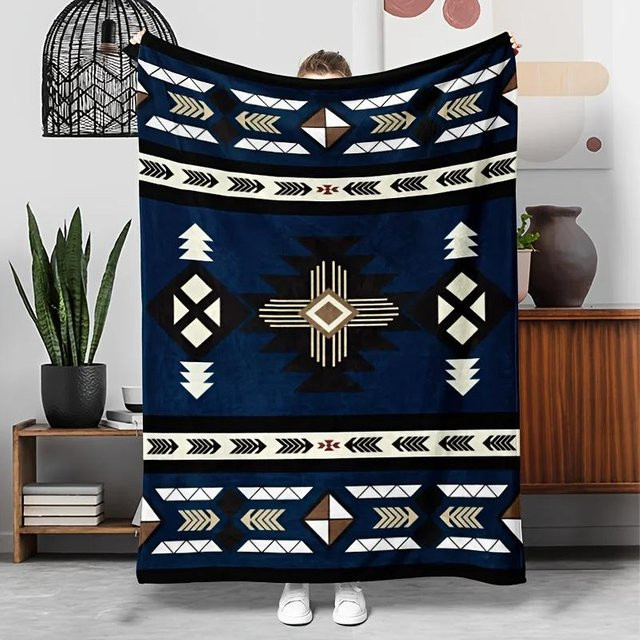 JMG Household Supplies Bohemian Aztekische Flanell Decke mit geometrischem Print in Blau, B/B: 130 x 150 cm - Bild 1