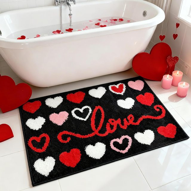 VIKAMA Valentinstag Badezimmerteppich mit Liebesherz, rutschfest und saugfähig, rot rosa weiß, B/T: 60 x 40 cm - Bild 1