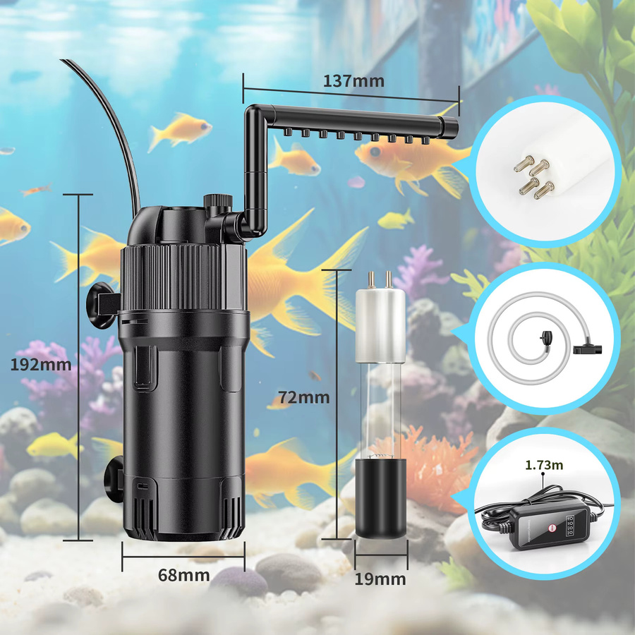 Forever Speed 5-in-1 Aquarium Innenfilter mit UVC Klärer in Schwarz, 3 Watt, 500L/h Durchfluss für 40-120L Aquarien - Bild 5