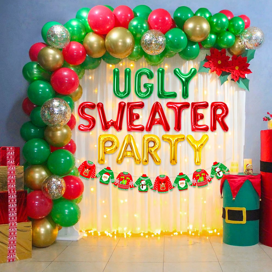 LaVenty Eat Drink & Be Ugly Party Dekoration mit Ballons und Banner für deine Ugly Sweater Party zu Weihnachten in Multicolour - Bild 3